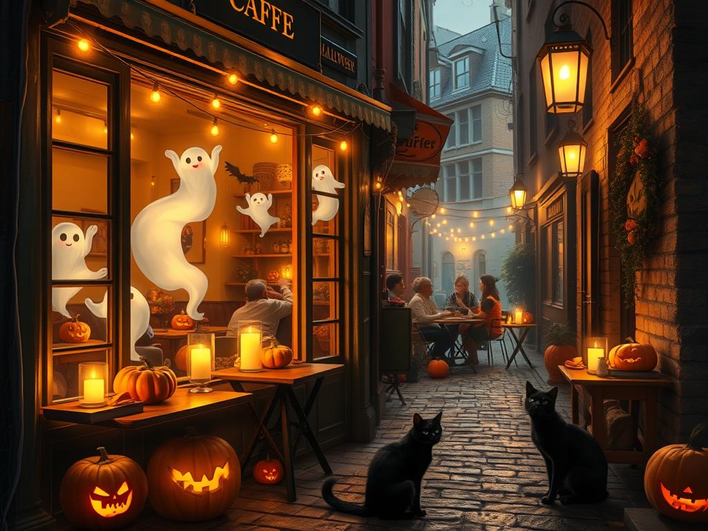 A cozy, candle-lit café on Halloween night, tucked away on a narrow cobblestone street. The café is ...