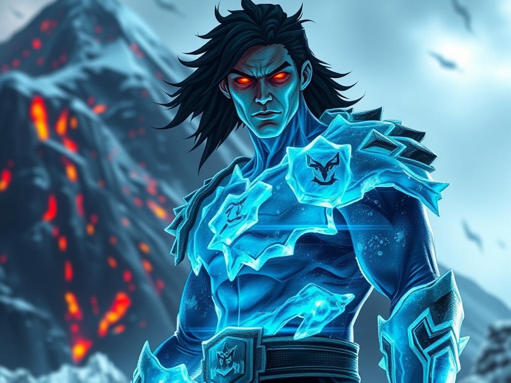 A frightening male hero with red eyes, standing before a lava-covered mountain. He is an ice-themed ...