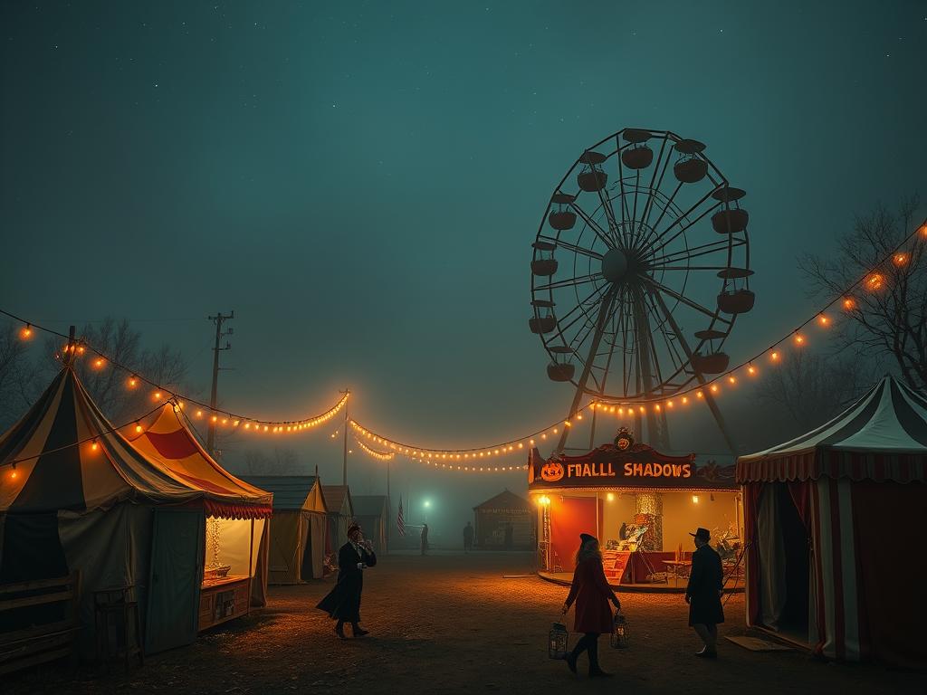 A quiet Halloween carnival on the outskirts of a small, foggy town. Rows of colorful but slightly wo...