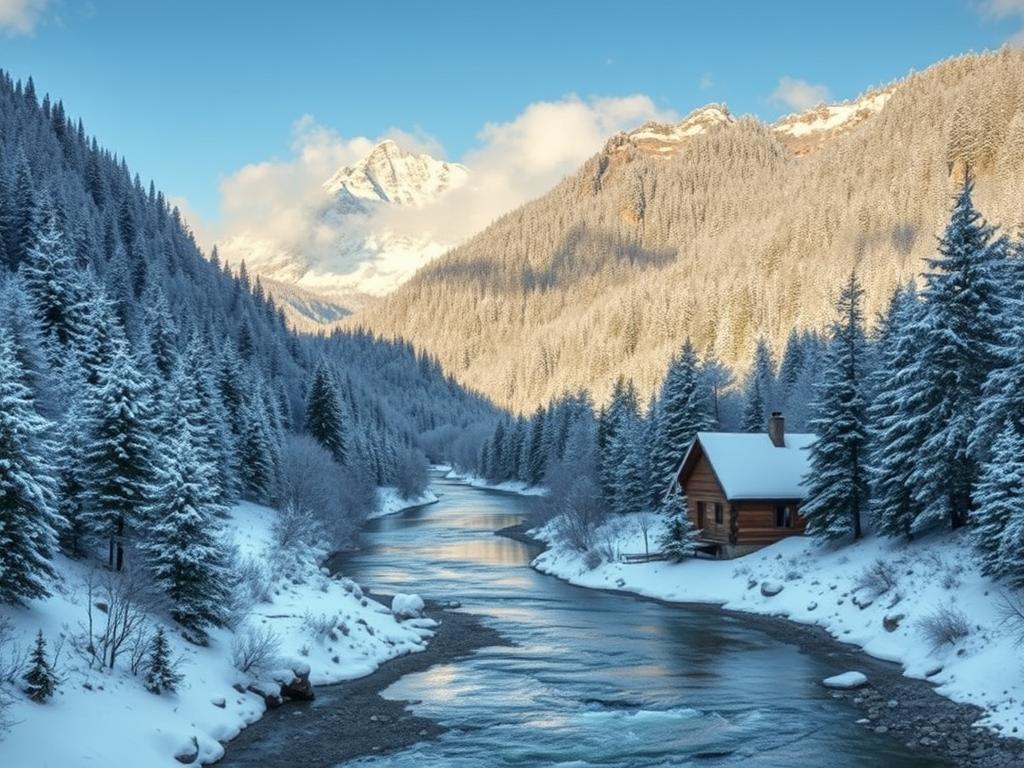 Create me an valley cover snow and forest, river flow inside the valley. A small wooden house beside...