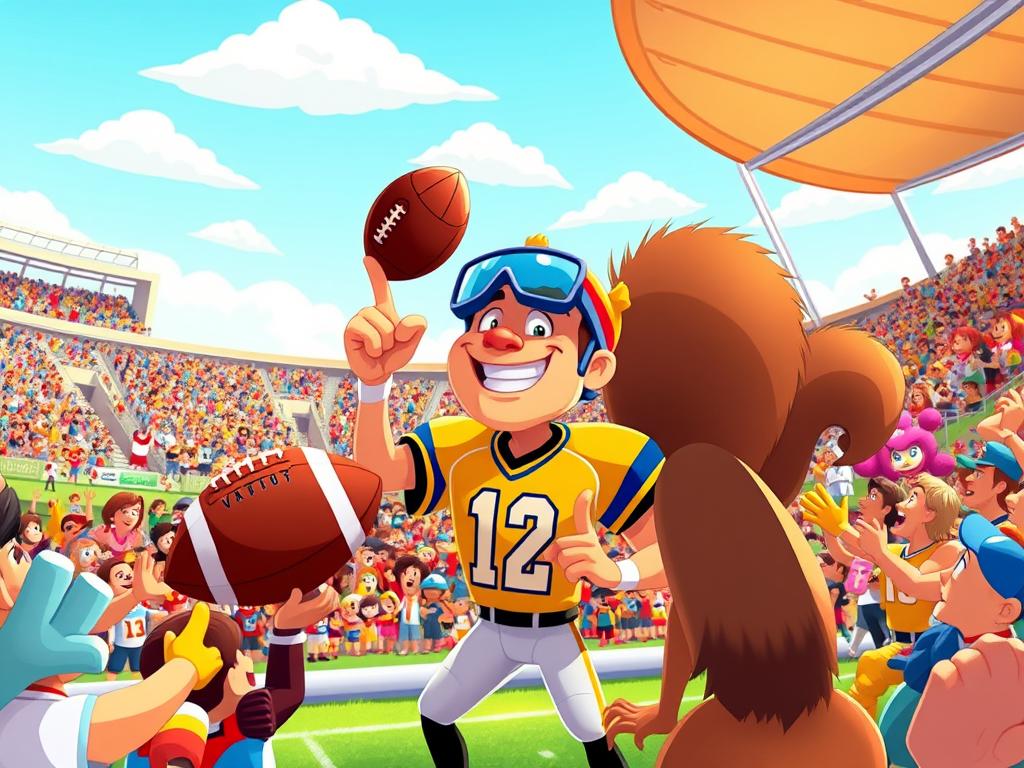 Game Day with Ace the Quarterback (Cartoon Character)  It’s a sunny, exaggeratedly vibrant day in th...