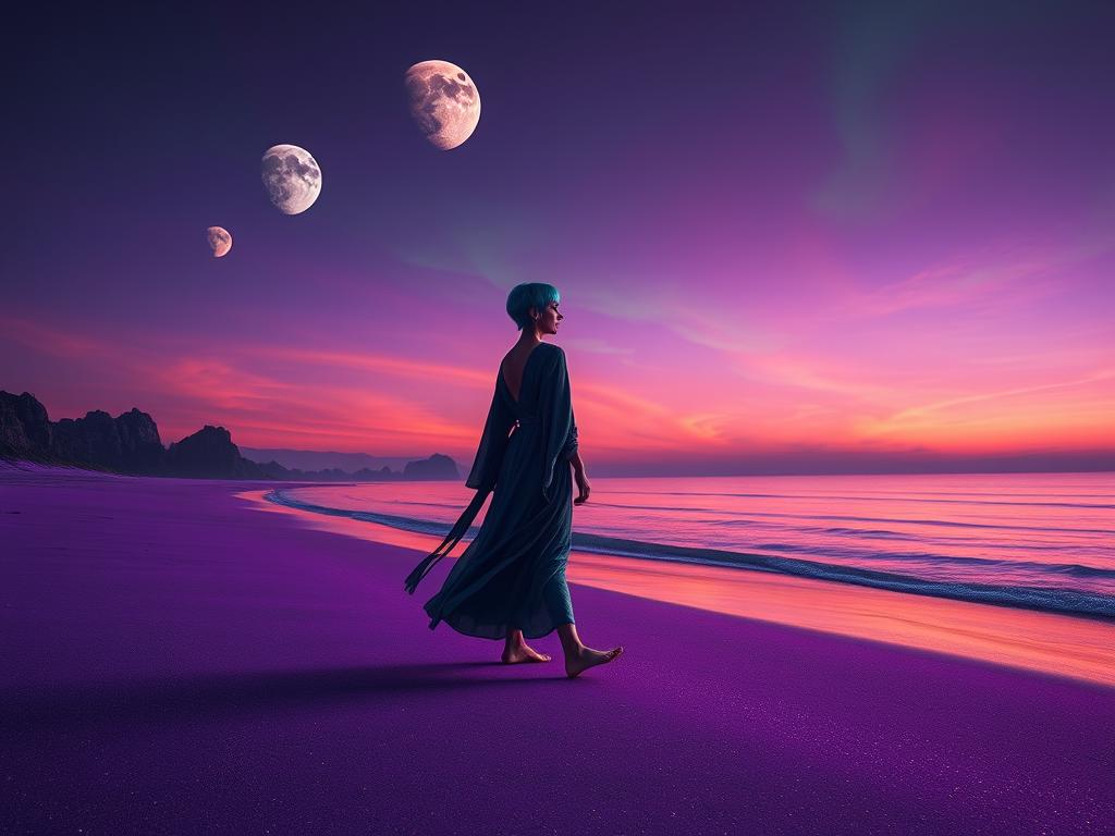 Picture a dusky beach on an alien planet, where the sky is a deep, iridescent purple streaked with b...